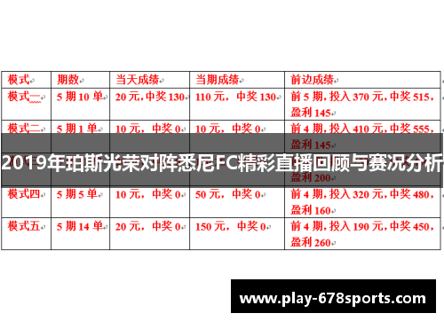 2019年珀斯光荣对阵悉尼FC精彩直播回顾与赛况分析